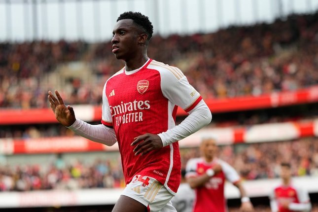 Selebrasi pemain Arsenal Eddie Nketiah usai mencetak gol ke gawang Sheffield United di Premier League 2023/2024, Sabtu (28/10/2023) malam WIB. (c) AP Photo/Kirsty Wigglesworth